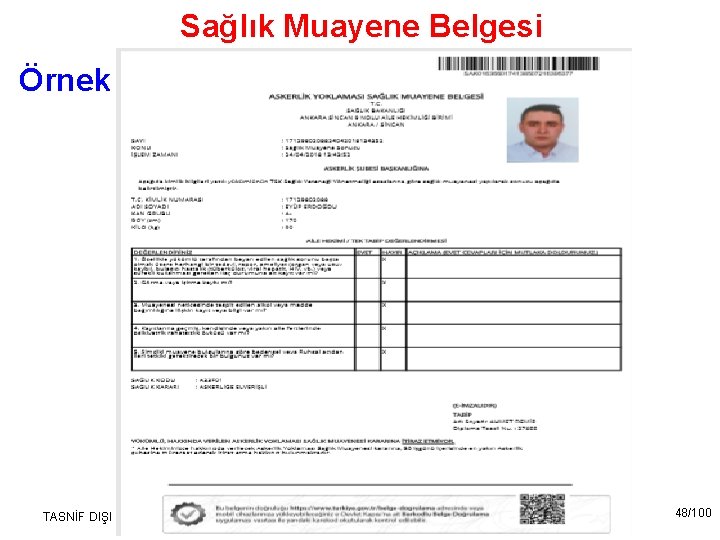 Sağlık Muayene Belgesi Örnek TASNİF DIŞI 48/100 