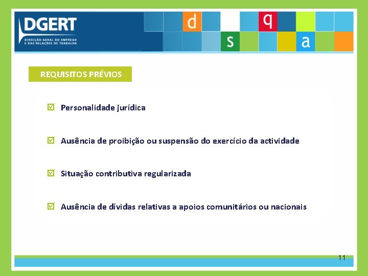 REQUISITOS PRÉVIOS Personalidade jurídica Ausência de proibição ou suspensão do exercício da actividade Situação