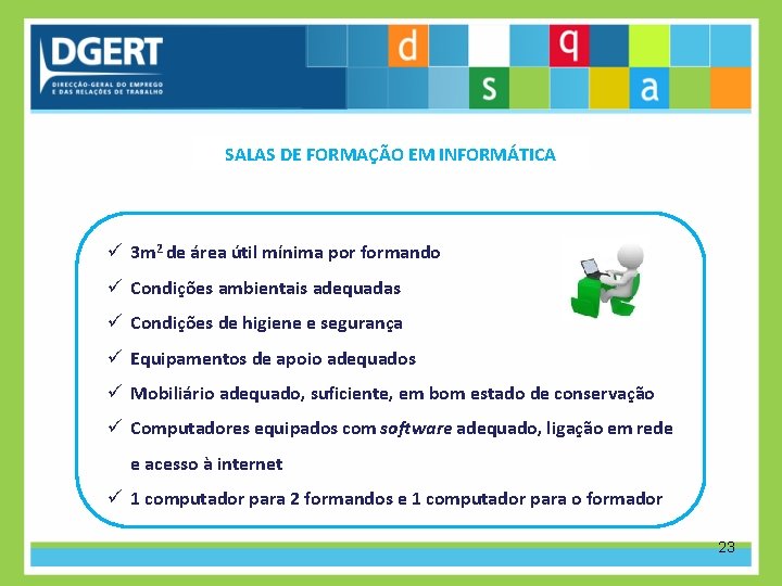 SALAS DE FORMAÇÃO EM INFORMÁTICA ü 3 m 2 de área útil mínima por