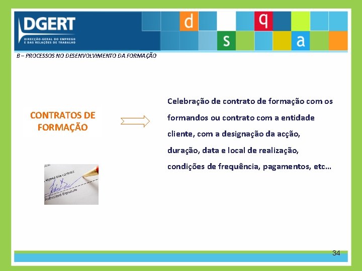 B – PROCESSOS NO DESENVOLVIMENTO DA FORMAÇÃO Celebração de contrato de formação com os