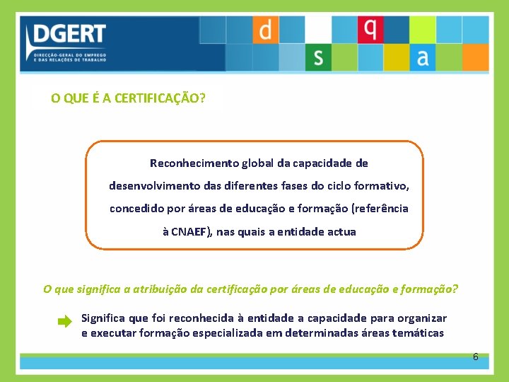 O QUE É A CERTIFICAÇÃO? Reconhecimento global da capacidade de desenvolvimento das diferentes fases