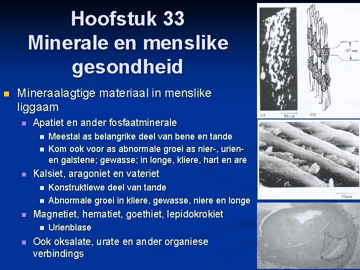 Hoofstuk 33 Minerale en menslike gesondheid n Mineraalagtige materiaal in menslike liggaam n Apatiet