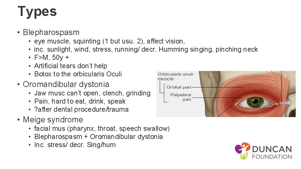 Types • Blepharospasm • • • eye muscle, squinting (1 but usu. 2), affect