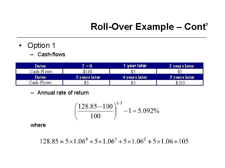 Roll-Over Example – Cont’ • Option 1 – Cash-flows Dates Cash-Flows T=0 -$100 3