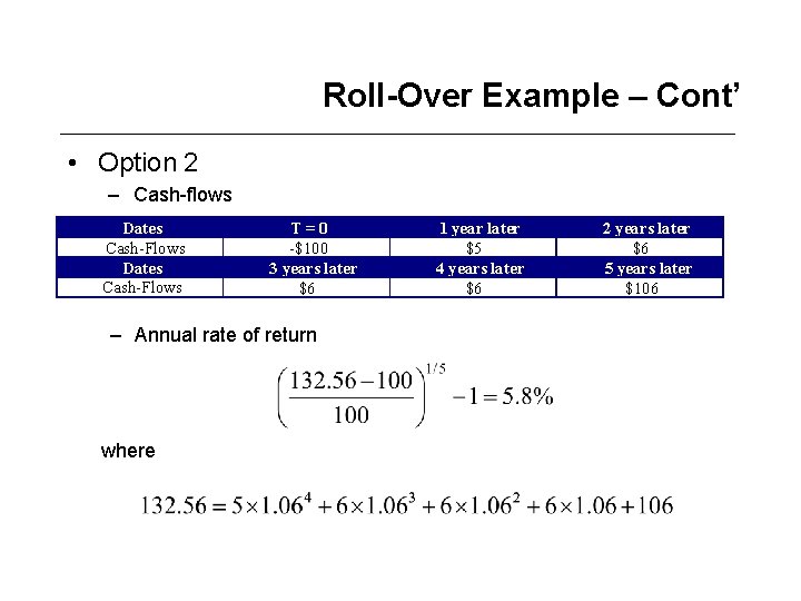 Roll-Over Example – Cont’ • Option 2 – Cash-flows Dates Cash-Flows T=0 -$100 3