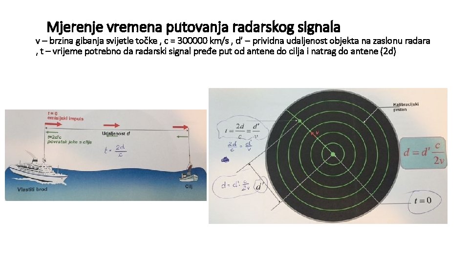 Mjerenje vremena putovanja radarskog signala v – brzina gibanja svijetle točke , c =