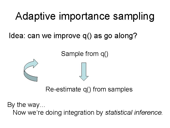 Adaptive importance sampling Idea: can we improve q() as go along? Sample from q()