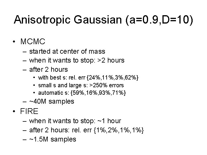 Anisotropic Gaussian (a=0. 9, D=10) • MCMC – started at center of mass –
