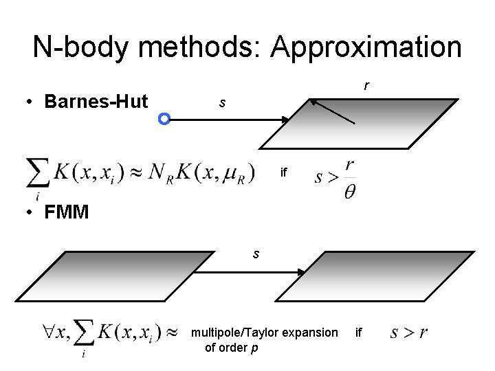 N-body methods: Approximation • Barnes-Hut r s if • FMM s multipole/Taylor expansion of