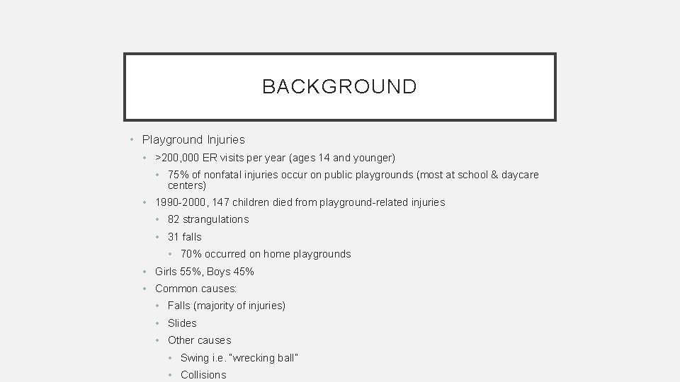 BACKGROUND • Playground Injuries • >200, 000 ER visits per year (ages 14 and