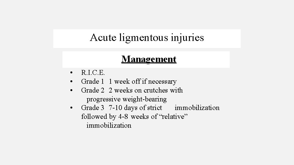 Acute ligmentous injuries Management • • R. I. C. E. Grade 1 1 week