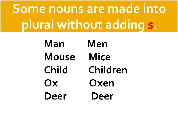 Some nouns are made into plural without adding s. Man Mouse Child Ox Deer