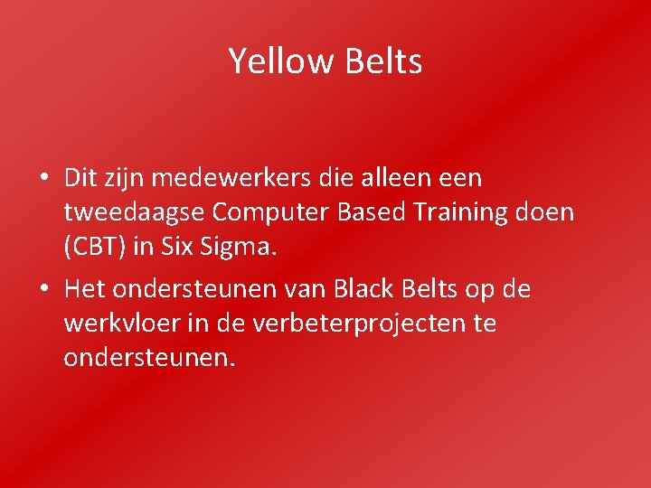 Yellow Belts • Dit zijn medewerkers die alleen tweedaagse Computer Based Training doen (CBT)