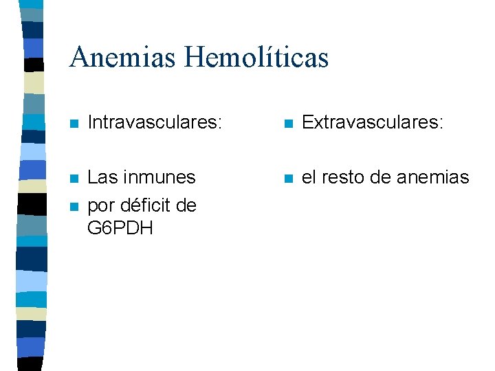 Anemias Hemolíticas n Intravasculares: n Extravasculares: n Las inmunes por déficit de G 6 Anemias Hemolíticas n Intravasculares: n Extravasculares: n Las inmunes por déficit de G 6