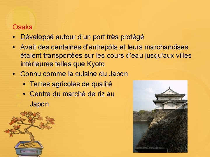 Osaka • Développé autour d’un port très protégé • Avait des centaines d’entrepôts et