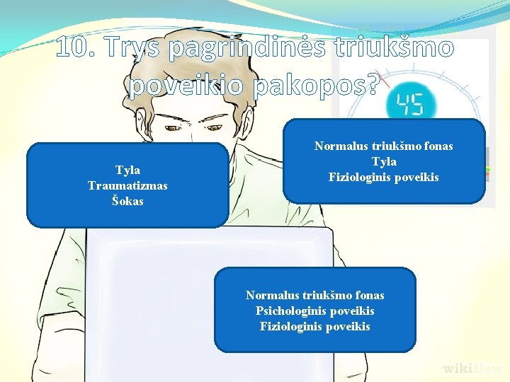 10. Trys pagrindinės triukšmo poveikio pakopos? Tyla Traumatizmas Šokas Normalus triukšmo fonas Tyla Fiziologinis