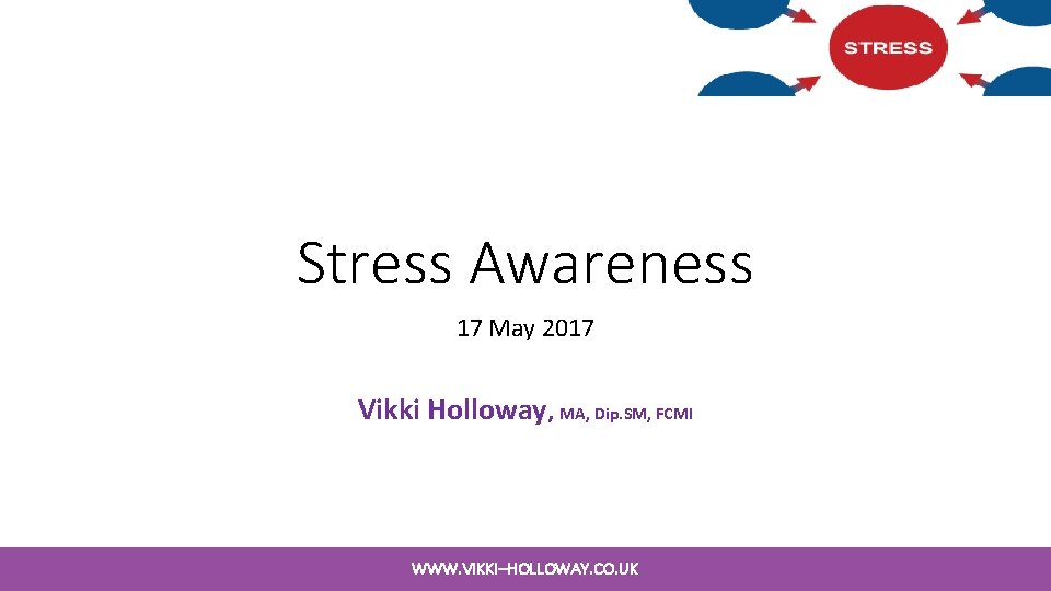 Stress Awareness 17 May 2017 Vikki Holloway, MA, Dip. SM, FCMI WWW. VIKKI–HOLLOWAY. CO. Stress Awareness 17 May 2017 Vikki Holloway, MA, Dip. SM, FCMI WWW. VIKKI–HOLLOWAY. CO.