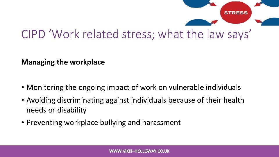 CIPD ‘Work related stress; what the law says’ Managing the workplace • Monitoring the CIPD ‘Work related stress; what the law says’ Managing the workplace • Monitoring the