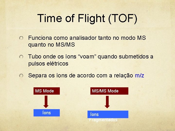 Time of Flight (TOF) Funciona como analisador tanto no modo MS quanto no MS/MS