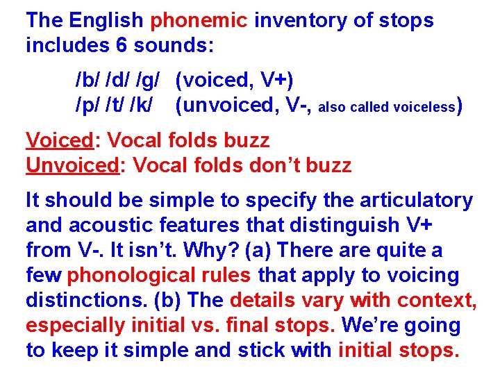The English phonemic inventory of stops includes 6 sounds: /b/ /d/ /g/ (voiced, V+)