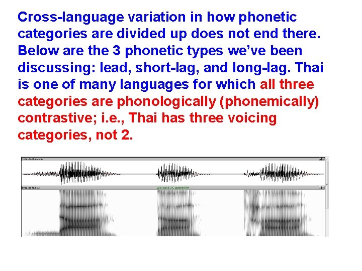 Cross-language variation in how phonetic categories are divided up does not end there. Below
