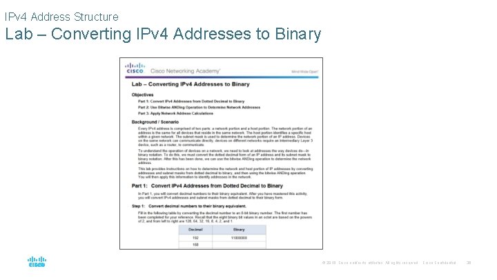 IPv 4 Address Structure Lab – Converting IPv 4 Addresses to Binary © 2016