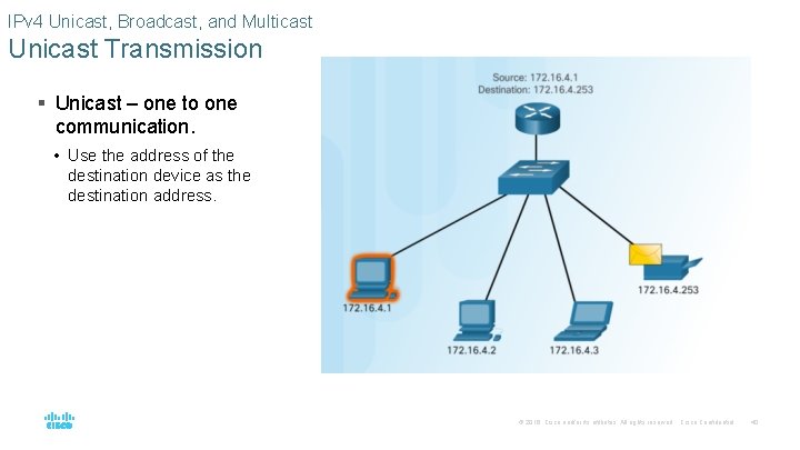 IPv 4 Unicast, Broadcast, and Multicast Unicast Transmission § Unicast – one to one