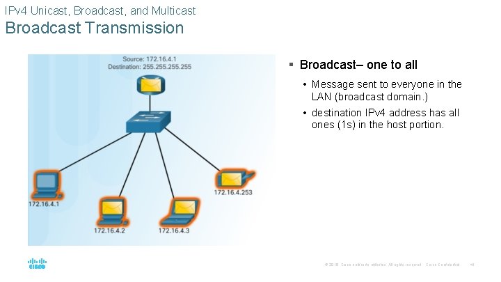 IPv 4 Unicast, Broadcast, and Multicast Broadcast Transmission § Broadcast– one to all •