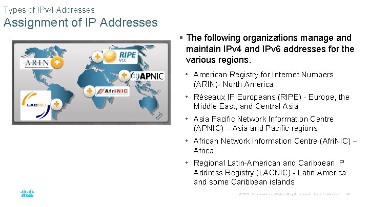 Types of IPv 4 Addresses Assignment of IP Addresses § The following organizations manage