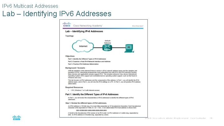 IPv 6 Multicast Addresses Lab – Identifying IPv 6 Addresses © 2016 Cisco and/or