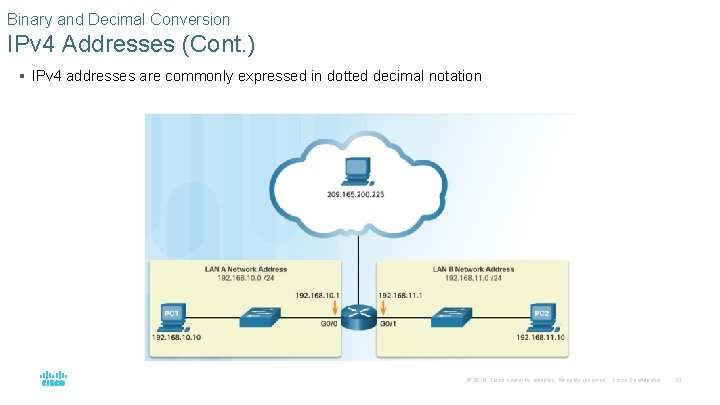 Binary and Decimal Conversion IPv 4 Addresses (Cont. ) § IPv 4 addresses are