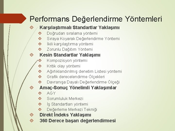 Performans Değerlendirme Yöntemleri Karşılaştırmalı Standartlar Yaklaşımı Kesin Standartlar Yaklaşımı Kompozisyon yöntemi Kritik olay yöntemi