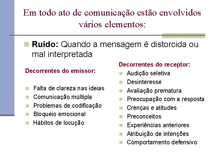 Em todo ato de comunicação estão envolvidos vários elementos: n Ruído: Quando a mensagem