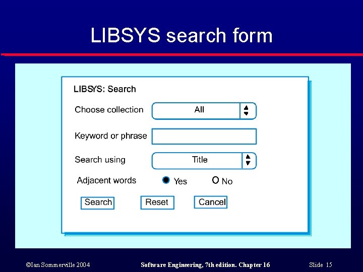 LIBSYS search form ©Ian Sommerville 2004 Software Engineering, 7 th edition. Chapter 16 Slide