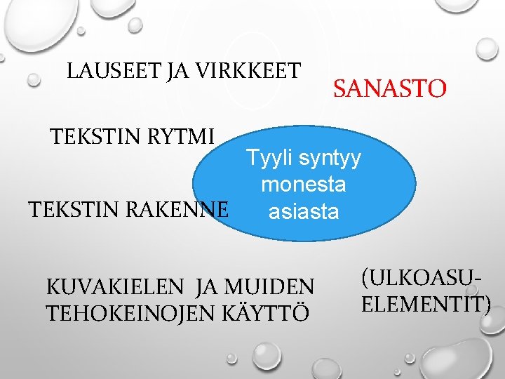 LAUSEET JA VIRKKEET SANASTO TEKSTIN RYTMI Tyyli syntyy monesta TEKSTIN RAKENNE asiasta KUVAKIELEN JA