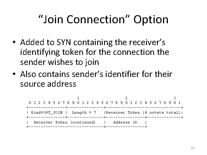 “Join Connection” Option • Added to SYN containing the receiver’s identifying token for the “Join Connection” Option • Added to SYN containing the receiver’s identifying token for the