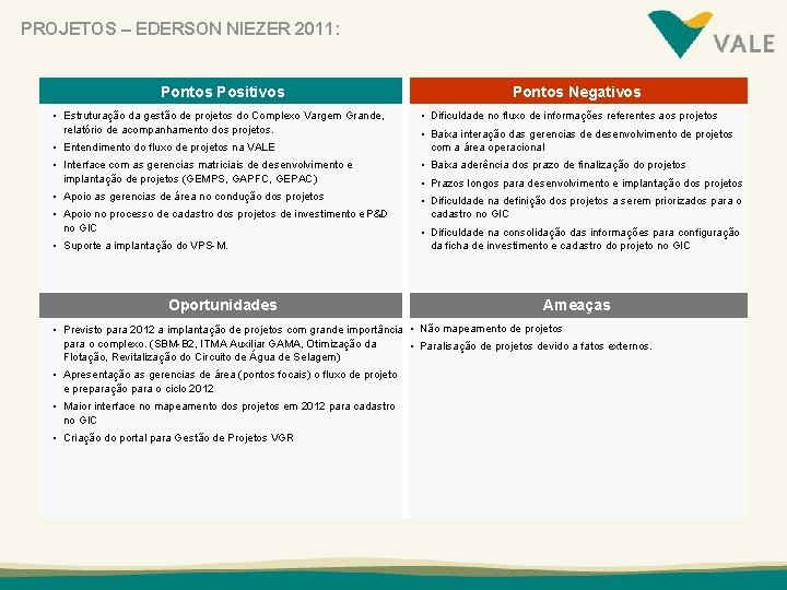 PROJETOS – EDERSON NIEZER 2011: Pontos Positivos • Estruturação da gestão de projetos do