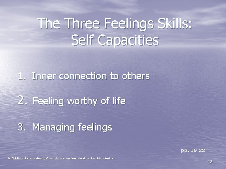 The Three Feelings Skills: Self Capacities 1. Inner connection to others 2. Feeling worthy