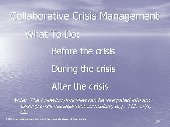 Collaborative Crisis Management What To Do: Before the crisis During the crisis After the