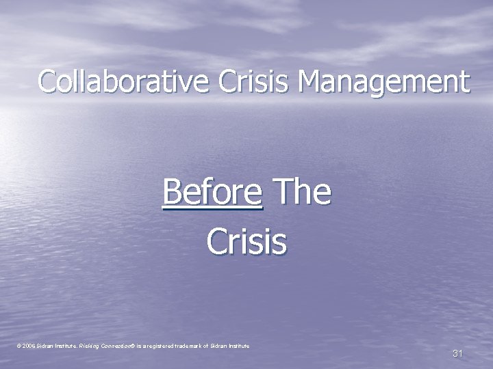 Collaborative Crisis Management Before The Crisis © 2006 Sidran Institute. Risking Connection® is a