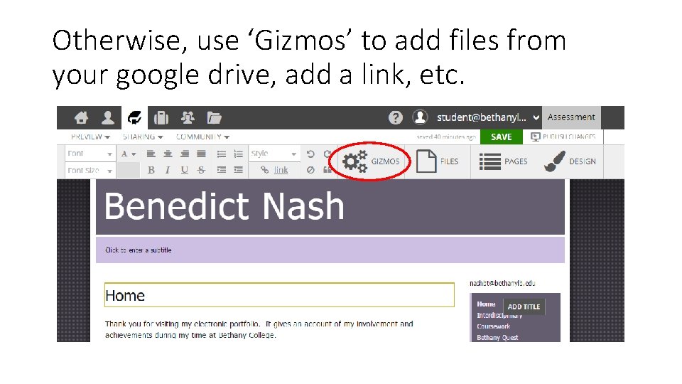 Otherwise, use ‘Gizmos’ to add files from your google drive, add a link, etc.