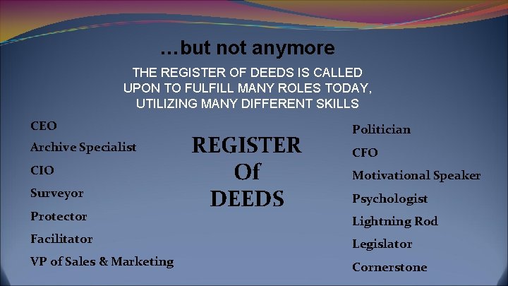 …but not anymore THE REGISTER OF DEEDS IS CALLED UPON TO FULFILL MANY ROLES