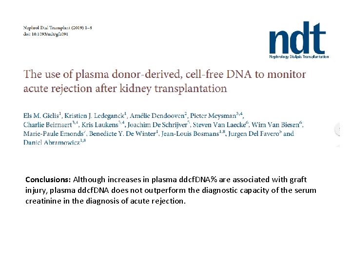 Conclusions: Although increases in plasma ddcf. DNA% are associated with graft injury, plasma ddcf.
