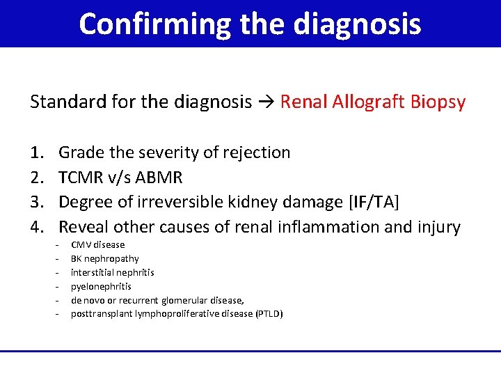 Confirming the diagnosis Standard for the diagnosis Renal Allograft Biopsy 1. 2. 3. 4.