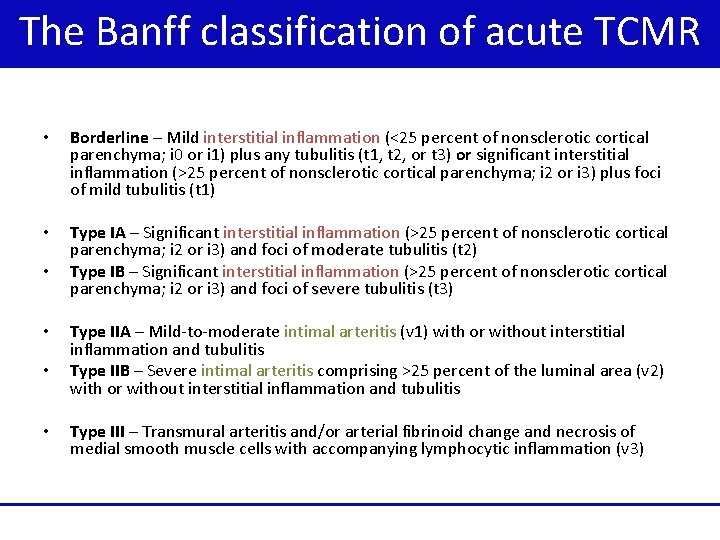 The Banff classification of acute TCMR • Borderline – Mild interstitial inflammation (<25 percent