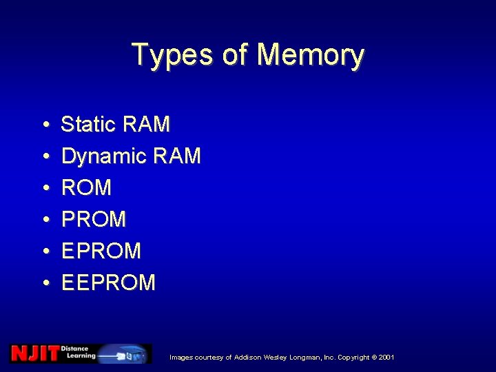 Types of Memory • • • Static RAM Dynamic RAM ROM PROM EEPROM Images Types of Memory • • • Static RAM Dynamic RAM ROM PROM EEPROM Images