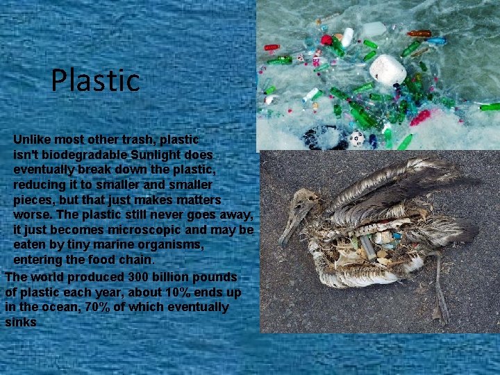 Plastic Unlike most other trash, plastic isn't biodegradable Sunlight does eventually break down the