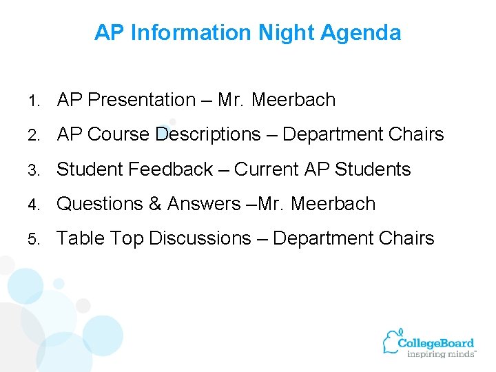 AP Information Night Agenda 1. AP Presentation – Mr. Meerbach 2. AP Course Descriptions