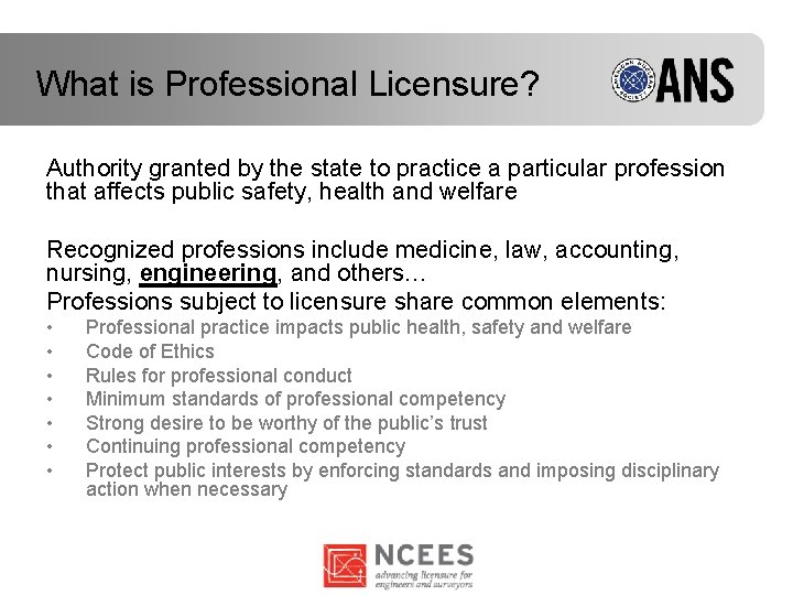 What is Professional Licensure? Authority granted by the state to practice a particular profession What is Professional Licensure? Authority granted by the state to practice a particular profession