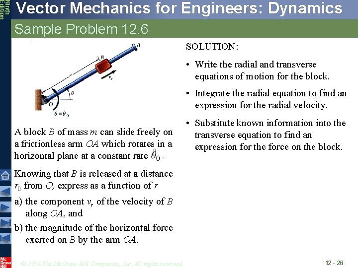 Ninth Edition Vector Mechanics for Engineers: Dynamics Sample Problem 12. 6 SOLUTION: • Write